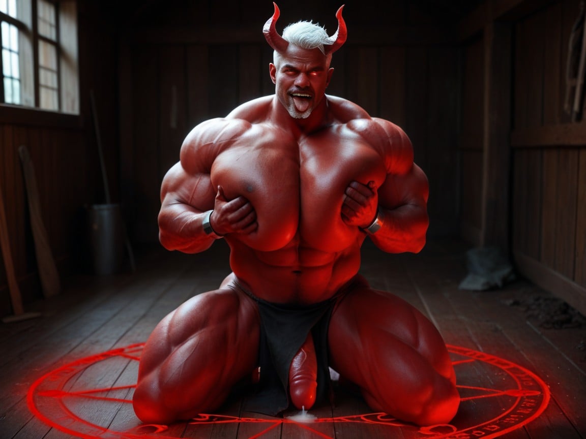Kneeling, Gay Male Red Devil Bottom, White Hair 게이 AI 포르노