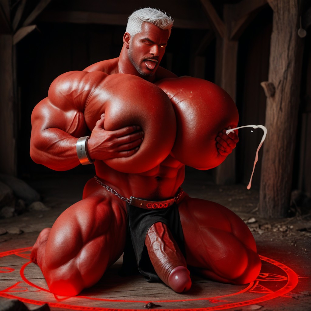Dark Red Skin, Male Only, Glowing Cock Ring Pornografia gay com IA