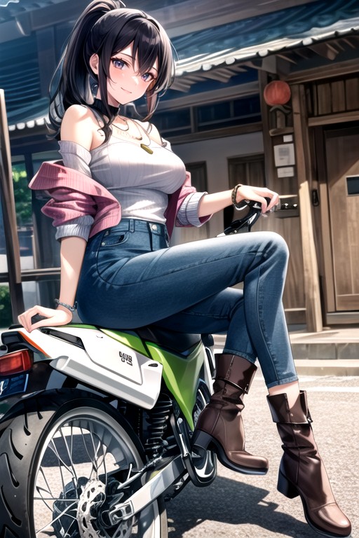 Kawasaki Klx, Vehicle, Denim Jacket Over Pink Sweater Hentai AI Porn