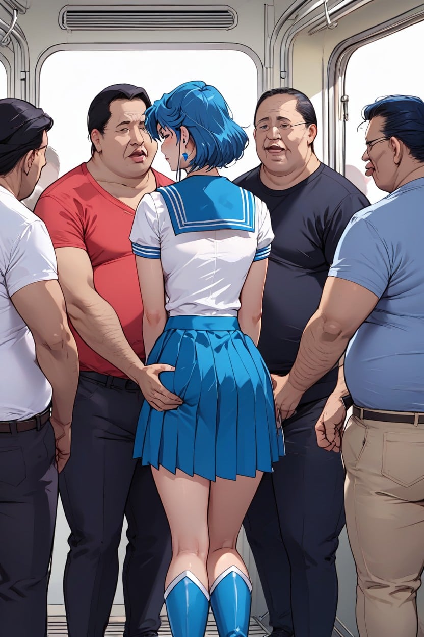 Knee High Blue Boots, Cleavage, On A Crowded Train Hentai AI Porn