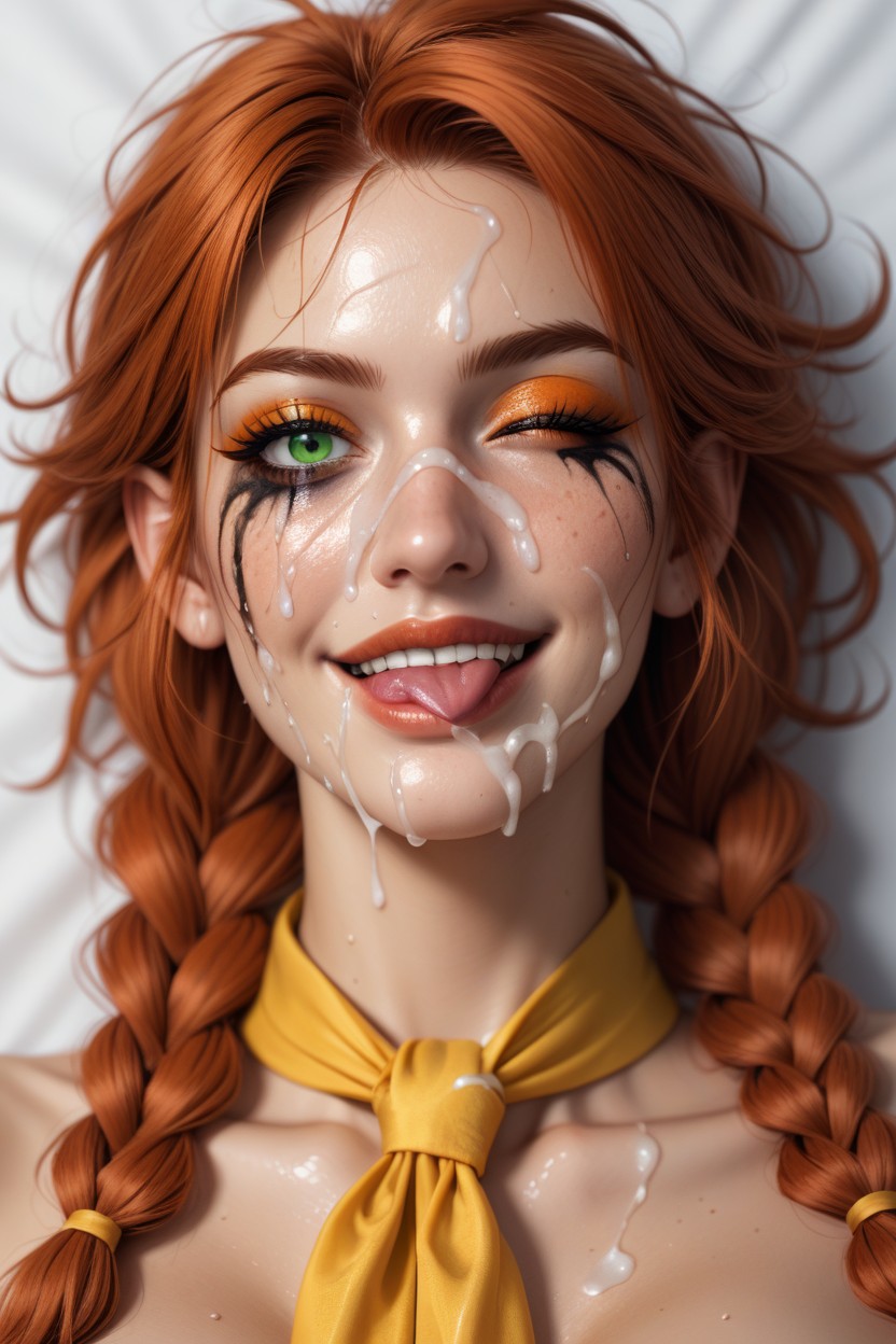Hair In Two Braids, Winking Eye, Cum On Hair AI Porn