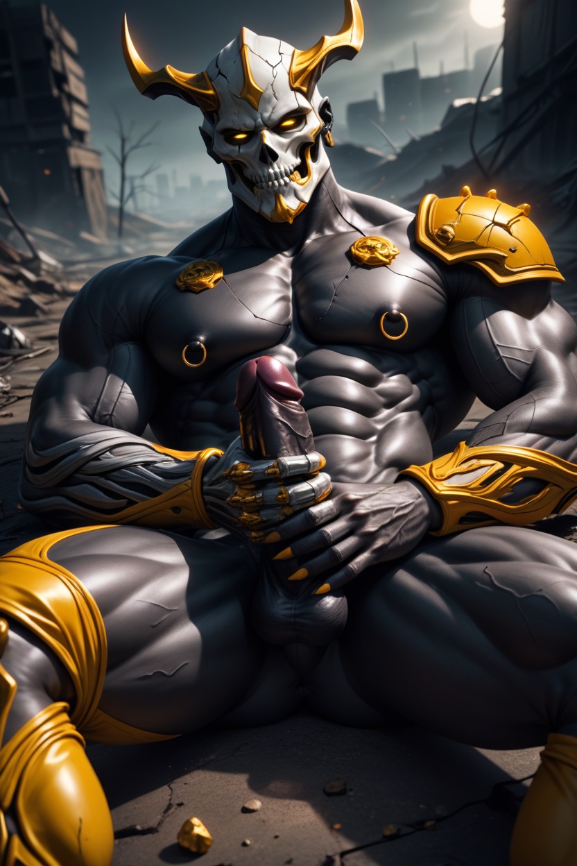 Exposed Pecs, Onyx-colored Skin, Erect Cock In Hand AI Gay Porn