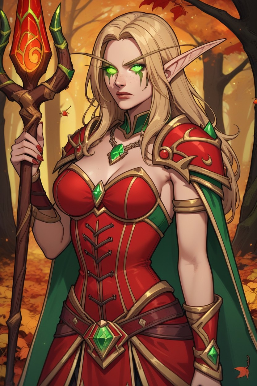 Green Shining Eyes, Preparing For Attack, Red Golden Shoulder Armor AI Porn