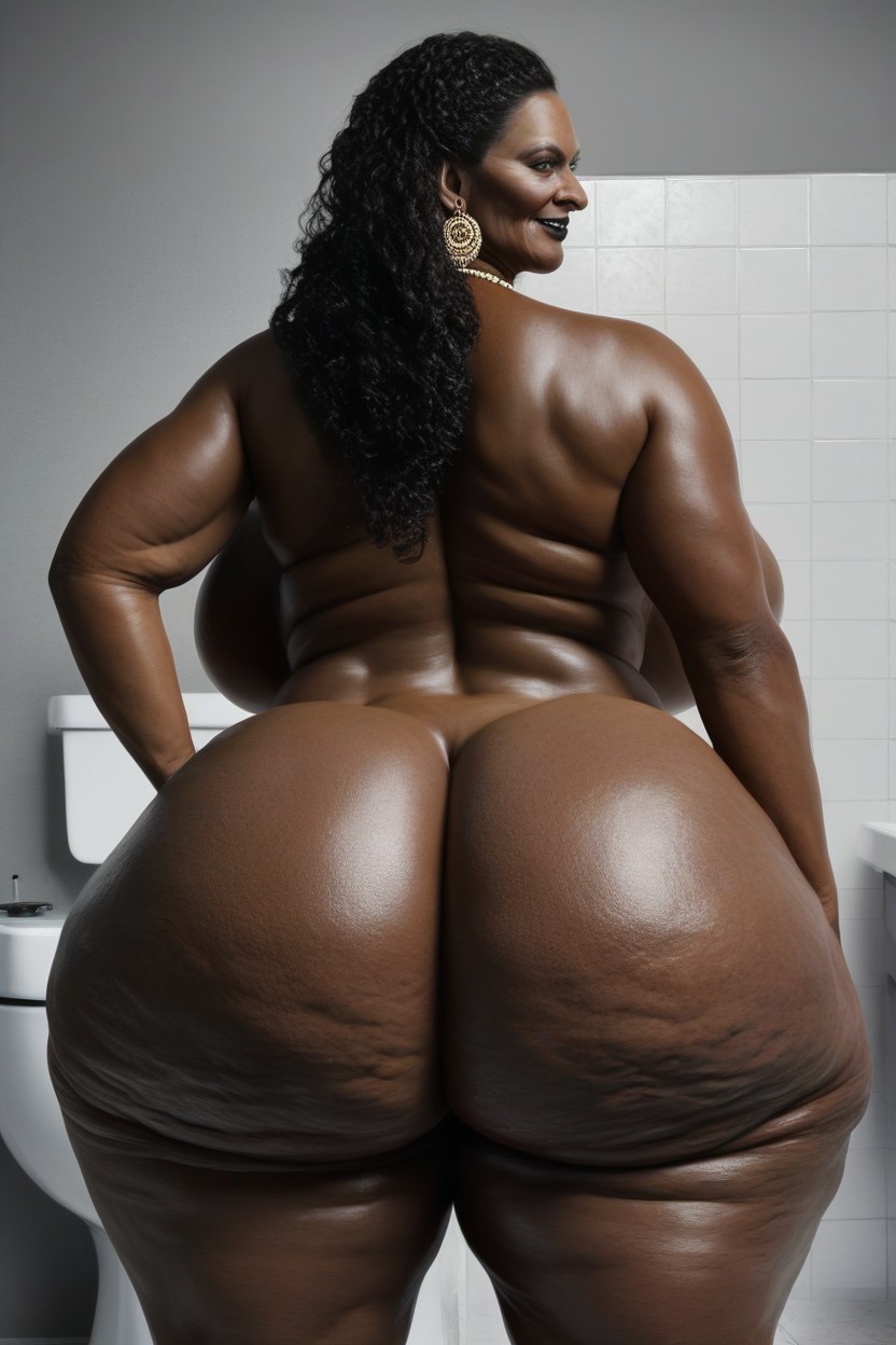 Extremely Enormous Fake Booty, Black Hair, Front View A Tall Dark Black Oily Skin Naked Nigerian Woman AI Porn