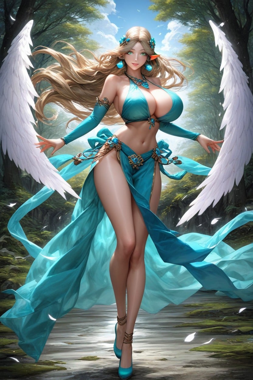 Long Light Green Dancer Cloth Wrapped Around Shoulders Flowing In Wind, Body, Loose Transparent Green Belly Dancer Clothing Hentai AI Porn