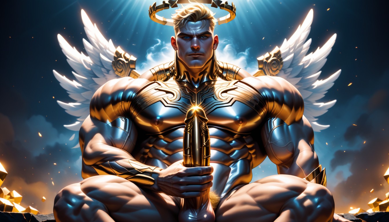 Check That Face And Penis Are Also Gold, Sunny Day, Entire Body Is Gold AI Gay Porn