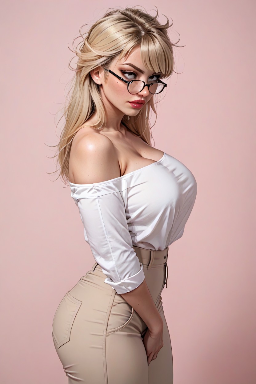 Off Shoulders, Enormous Bulging Nipples Under Shirt, Cute AI Porn