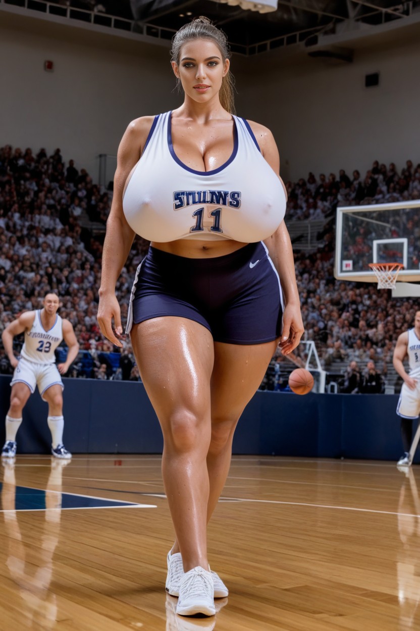 Horny Look, Feet Tall, Leaning On Basketball Hoop AI Porn