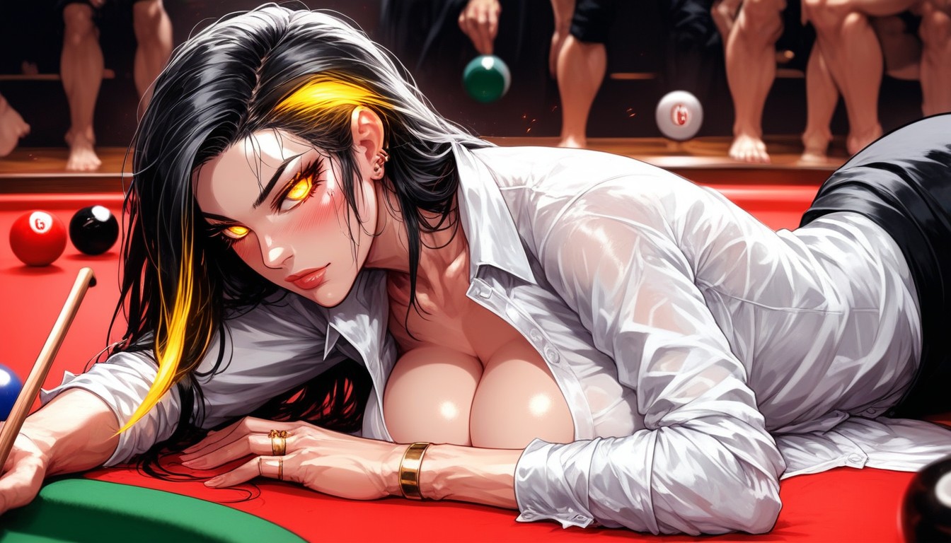 Pool Cue, Yellow Glowing Hair Highlights, Null Artstyle Hentai AI Porn