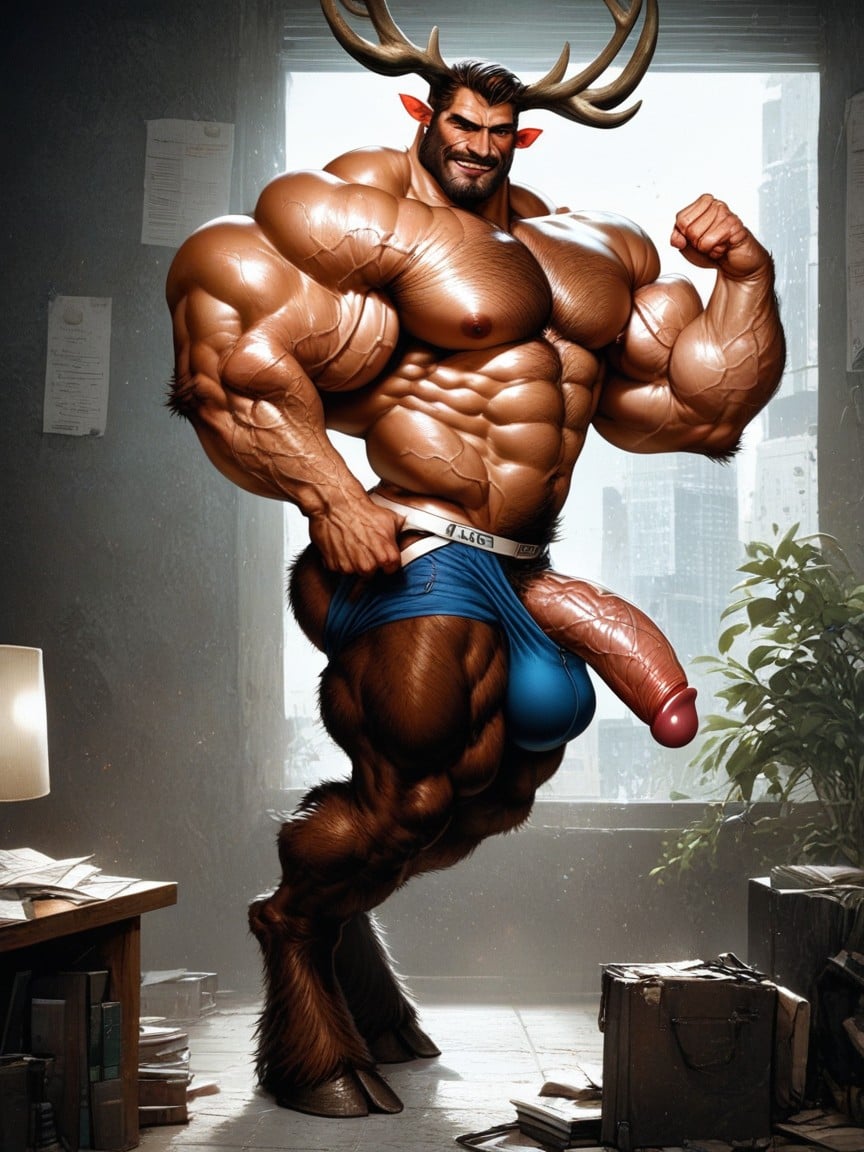 Bodybuilder Male, Bent Over Desk Showing Off Ass, Big Bulge AI Gay Porn