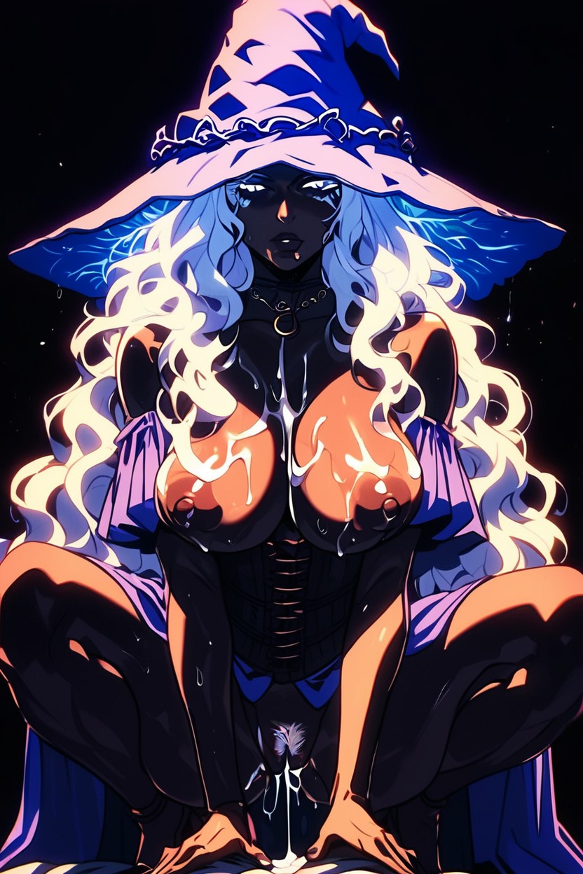 Shining White Hair, Squatting, Exposed Breasts Hentai AI Porn
