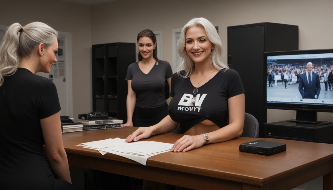Technical Equipment Of The Television Studio, T-shirt Pulled Up, White Hair AI Porn
