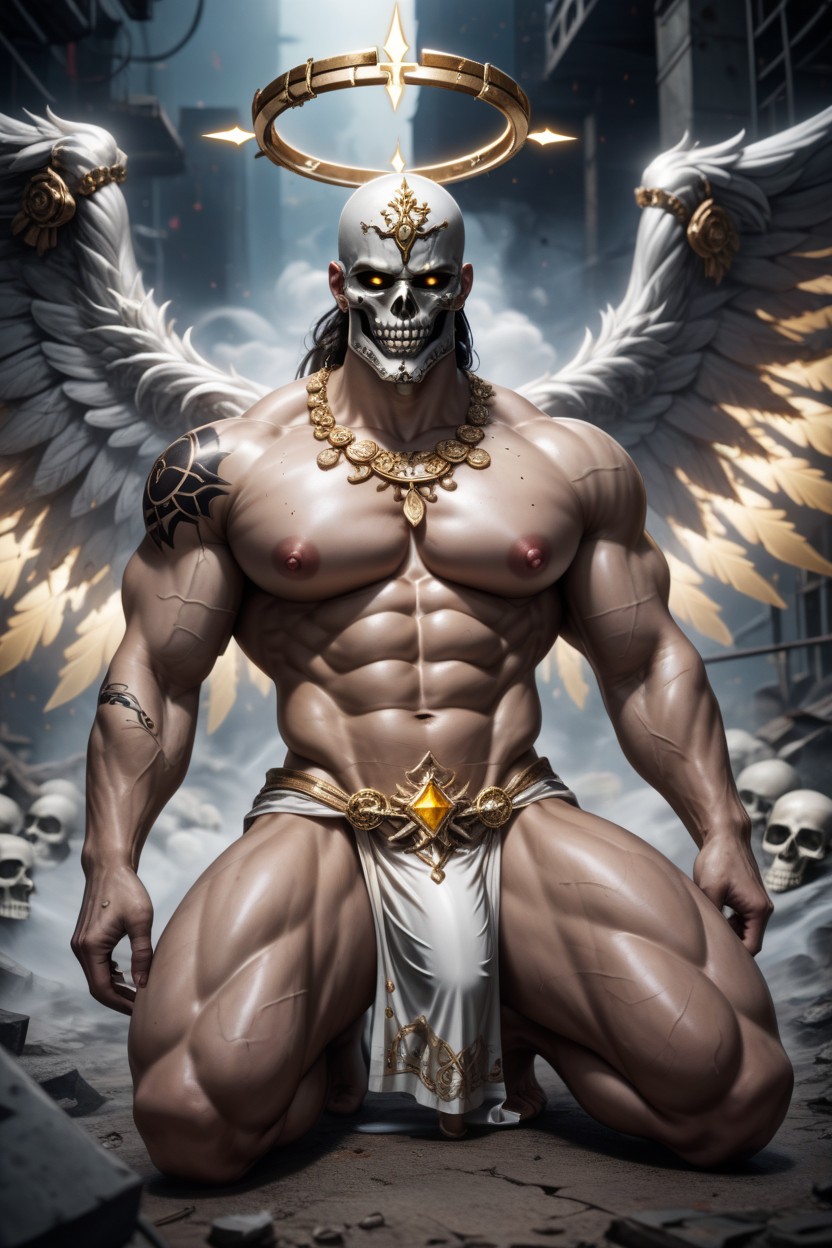 Large Silver Metal Wings, Silver Tattoos, Ethereal Gold Skin AI Gay Porn