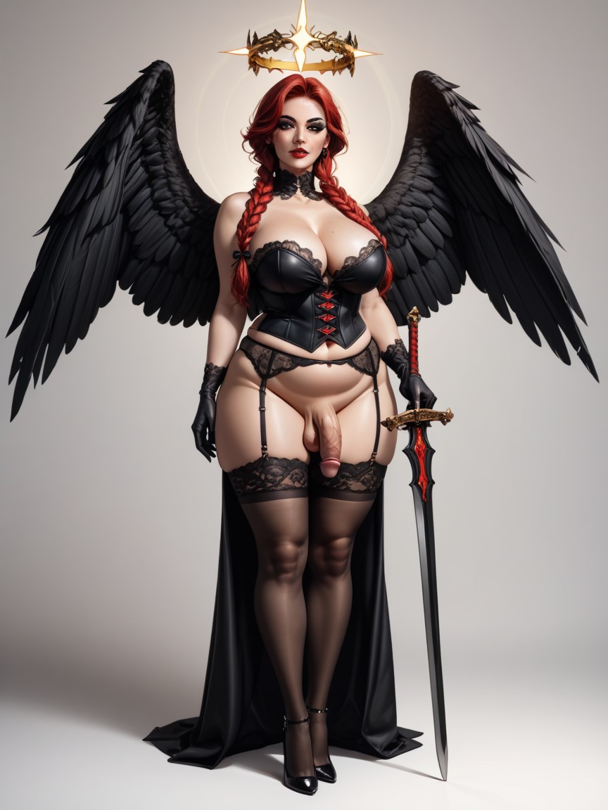 Large Flaccid Penis, Curvy, Hold Sword With Both Hands High Shemale AI Porn