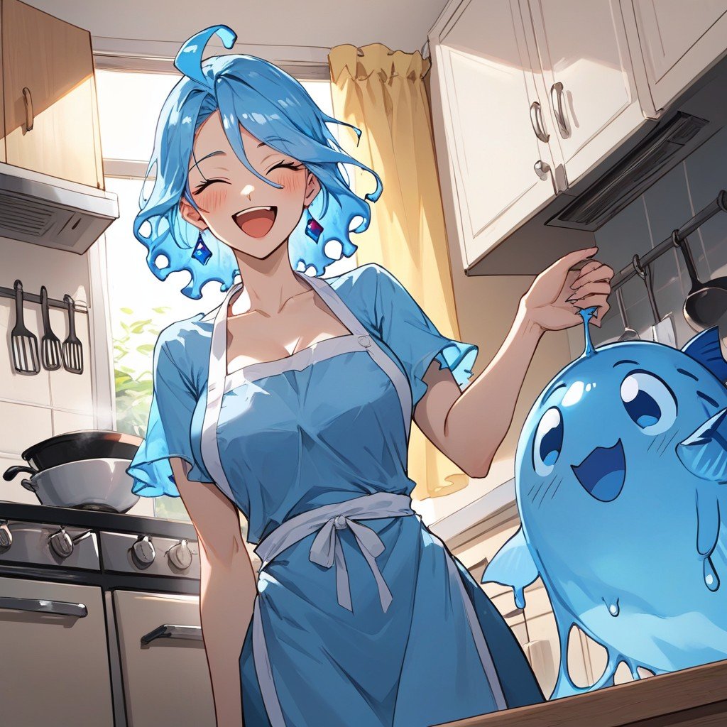 Slime Woman Is Wearing Apron, Big Happy Blue Fish On Kitchen Table, FelizHentai IA