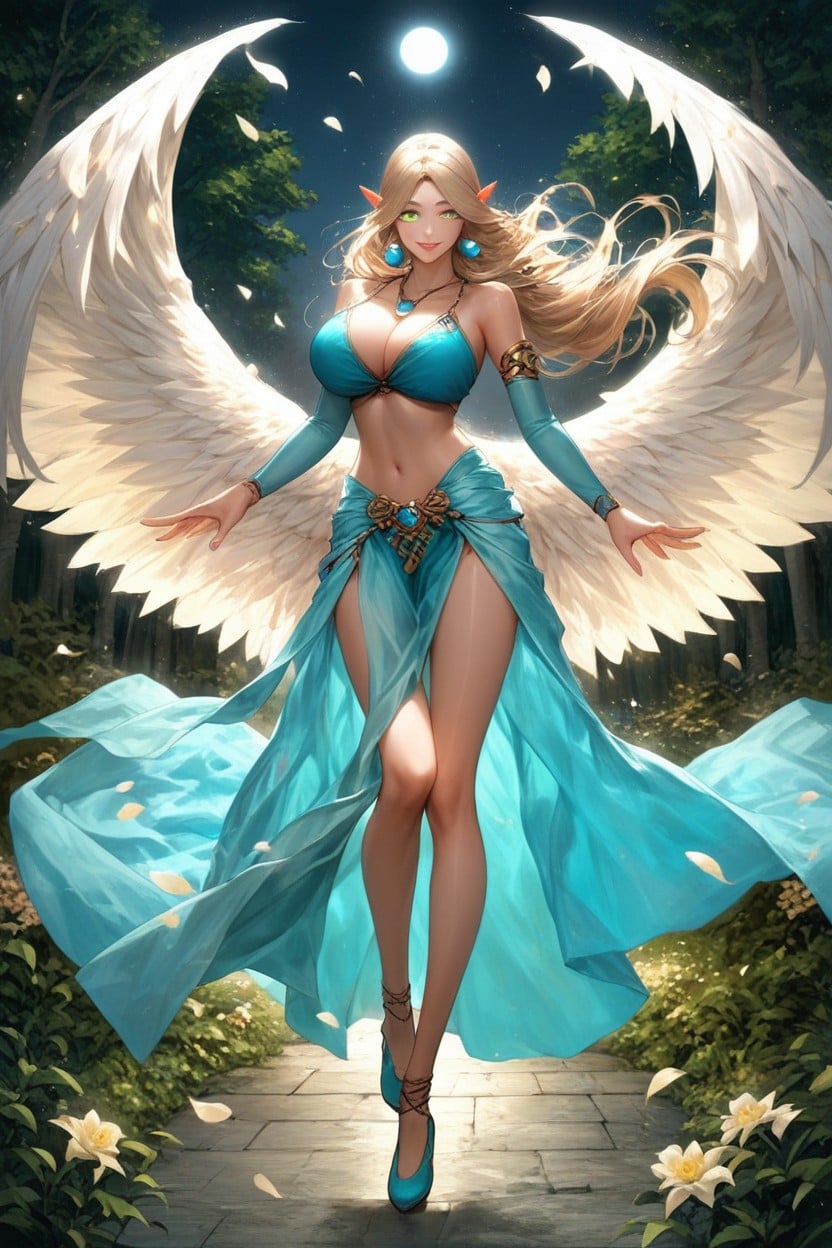 Clear Sky, Pointed Ears, Long Light Green Dancer Cloth Wrapped Around Shoulders Flowing In Wind Hentai AI Porn
