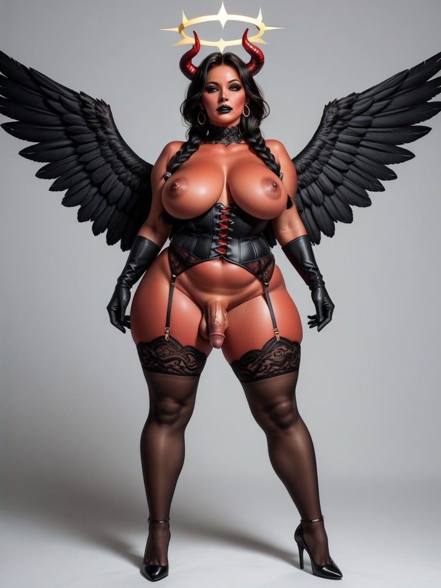 Curvy, Black High Neck Lingerie, Black Lace Stockings Shemale AI Porn