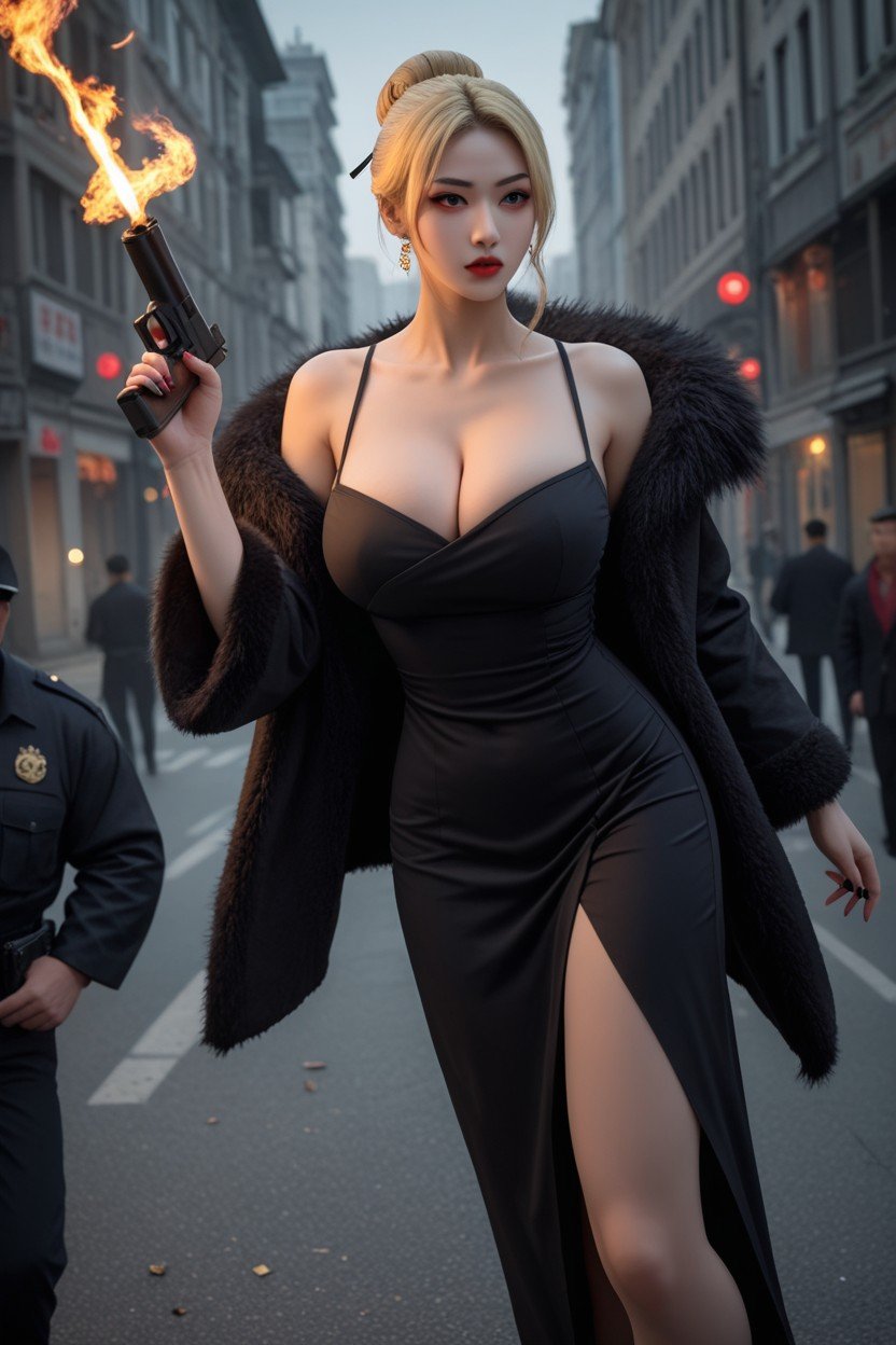 Mafia Woman Boss, Blonde Hair, Bullets Flying All OverPorno IA Asiatique