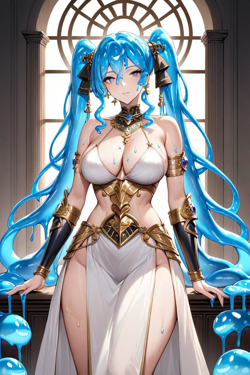 18+, Slime Woman Pigtails Slimy Skin Dark Dungeon Single Light Dungeon Intense Dark Room Medical Tagging On Walls Egyptian Dancer Fully Clothed Armored Body Ancient Armor Enchanted Gear Amazing Movement Centric Pose Elegant Resolution Upscaled Max HyperAI黃漫