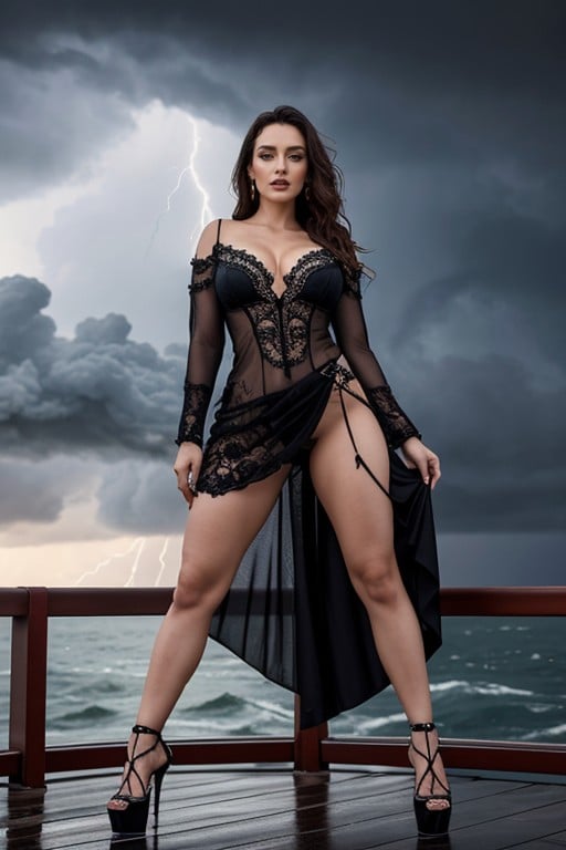 Their Intricate Design Blending Seamlessly With The Elaborate Motifs Of Her Attire As She Stands, Taut Legs And Massive Calves Sculpted Like Marble Her Towering Heels Grip The Slick Deck, Rain-soaked Fabric Clinging To Her Towering Frame Wind Lifts The Drenched Layers Pornografia peluda com IA