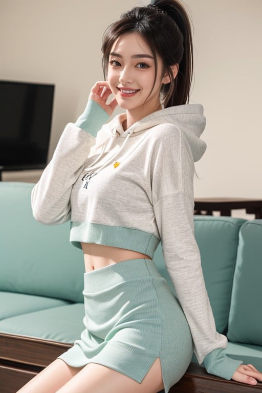 Vanellope Von Schweetz From Wreck It Raplh In Mint Green Crop Top Hoodie With Hard Nipples, Brown Skirt With Waist, 18+ Furry AI Porn