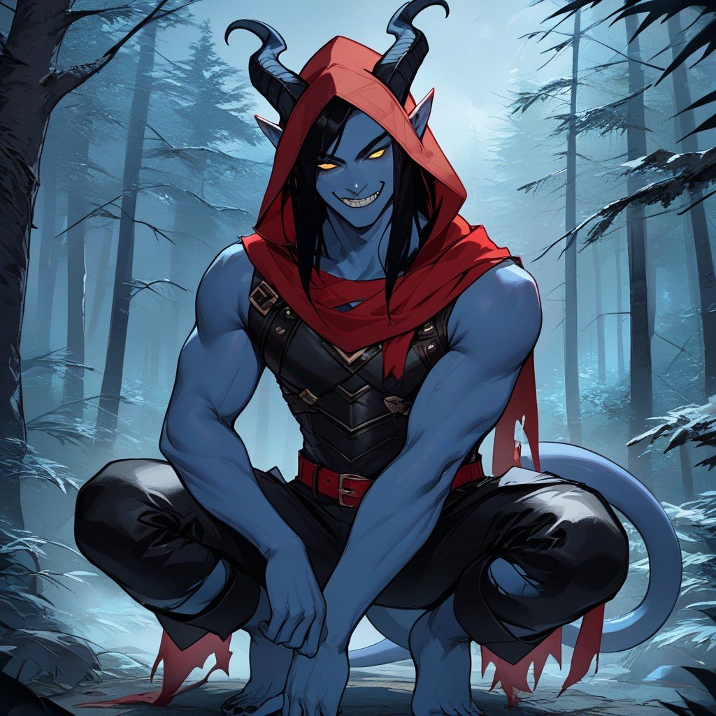 Black Leather Armor, Tiefling Male, Dark Red Scarf Furry AI Porn