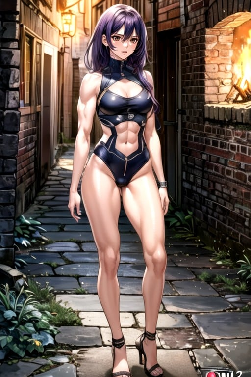 Olive Skin, Detailed Background Of A Hell Fire Church Ruin, Manga In Color Travesti IA Pornô