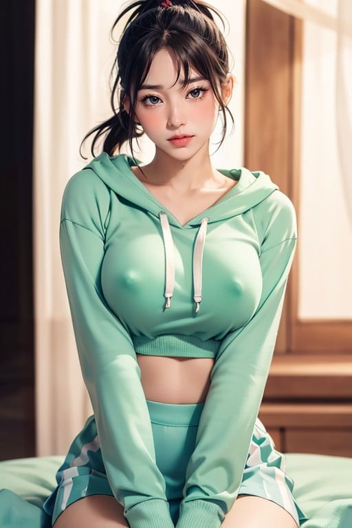 Vanellope Von Schweetz From Wreck It Raplh In Mint Green Crop Top Hoodie With Hard Nipples, 18+, 臉紅AI黃漫