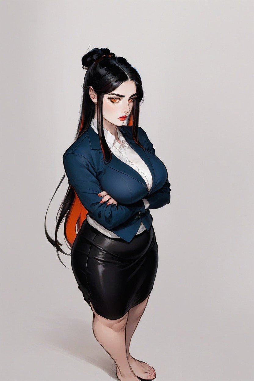 Black Skirt, Black Hair With Red Highlights Lines, Thick ThighsHentai IA