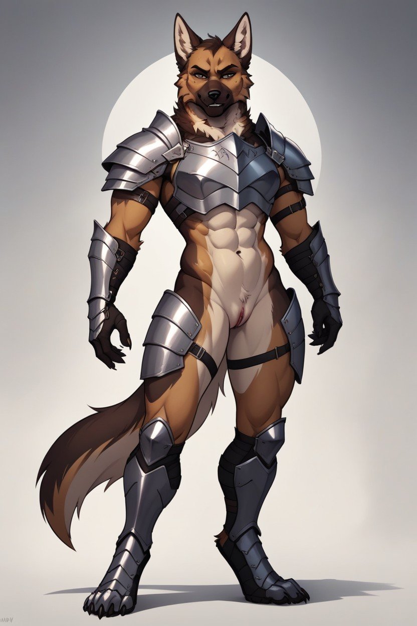 18+, Furry Woman German Shepherd In Armour With Stuff, Armor Furry AI Porn