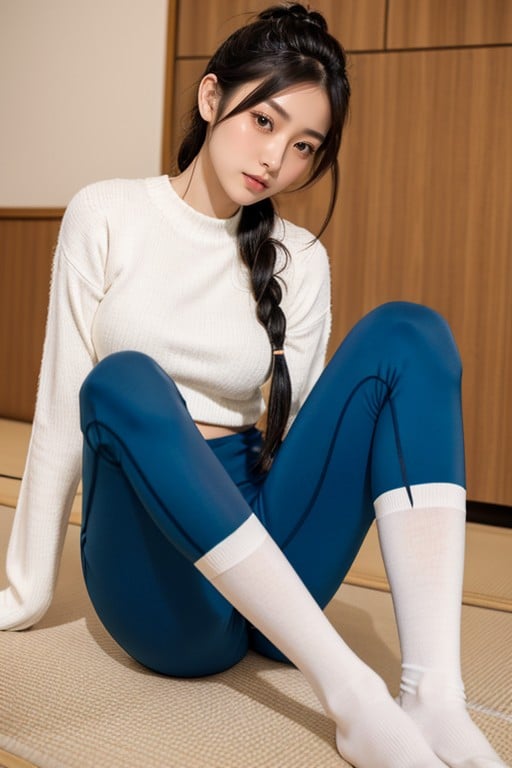 White Knee High Socks, Long Pants, JaponésPorno asiático IA