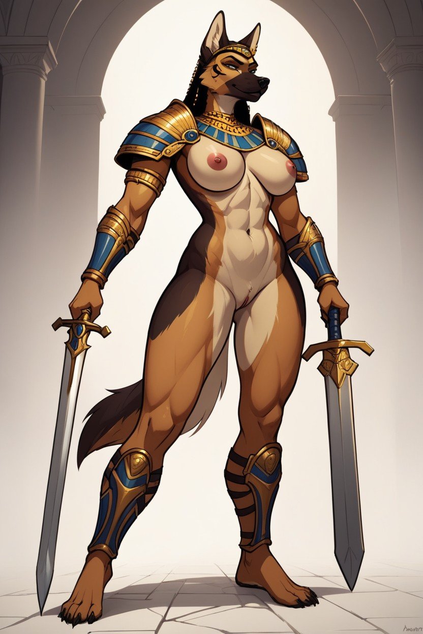 18+, Furry Woman German Shepherd In Armour With Sword, Armor Furry AI Porn