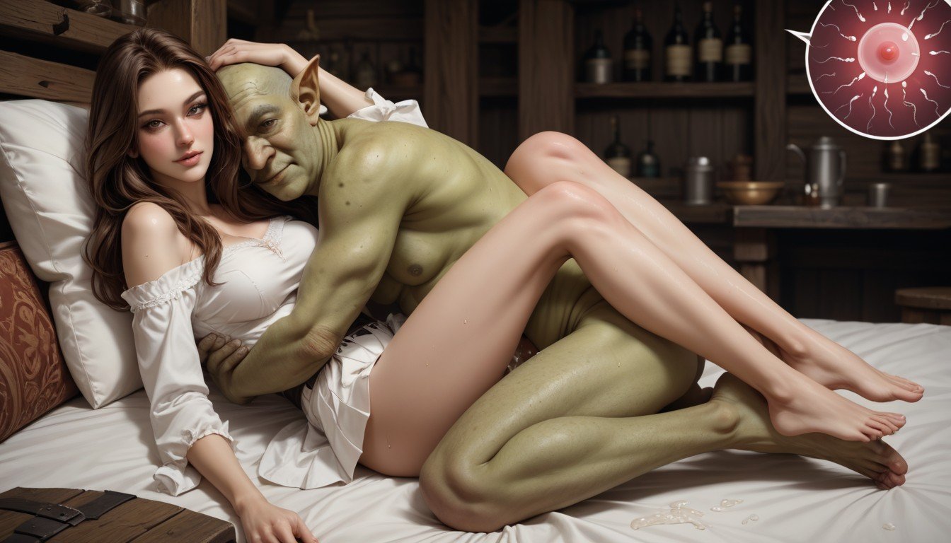 Green Ugly Goblin Leaning On Her, Medieval Tavern, Laced Cleavage쉬메일 AI 포르노