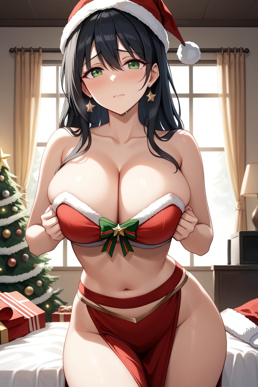 Living Room, Rounded Breast, Christmas Hat Hentai AI Porn