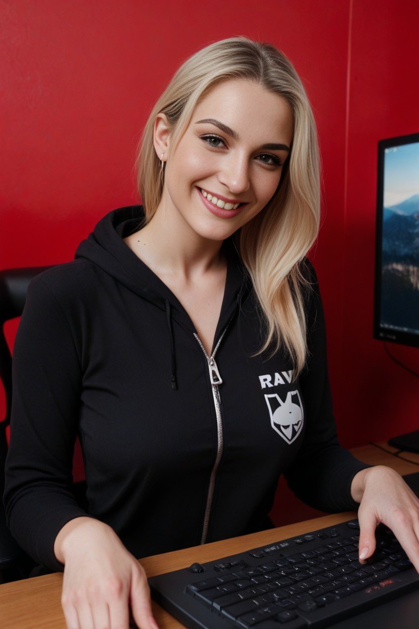 Blonde Hair She Has Huge Saggy Natural Breasts Black Zip-up Hoodie And A Black Thong, Gaming On Her Ultra-widescreen Monitor With A Custom-built Pc Next To The Monitor She Is Looking At The Monitor Her Hands Are On The Keyboard And Mouse Happy Smile, Home Office With Red WallsAI兽人黄片