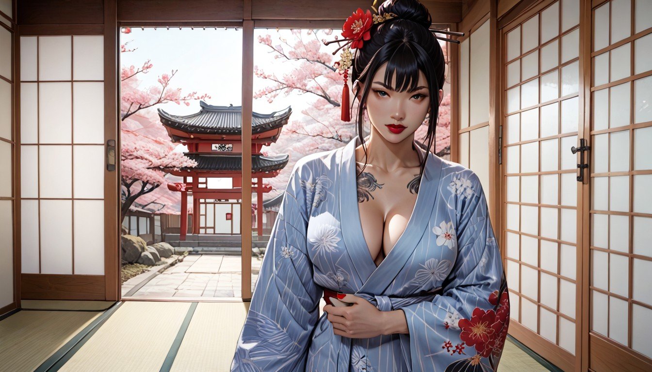 Hair Bun With Sticks, Blue Yukata With Red Flower Design, Japanese Dragon Shoulder Tattoo Hentai IA pornografia