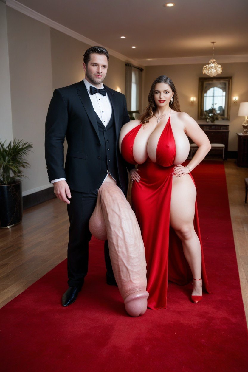 Man In Elegant Tuxedo, Sexy Woman In Elegant Dress Next To Man, Extremely Big Man Body게이 AI 포르노