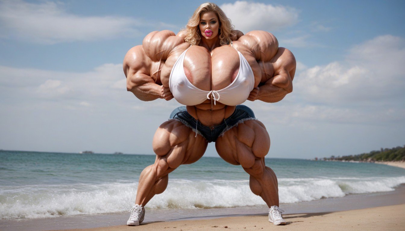 Photo Realistic, Huge Spherical Boobs On Top Of Gigantic Pectrolas Muscles, On Beach Pornografia peluda com IA