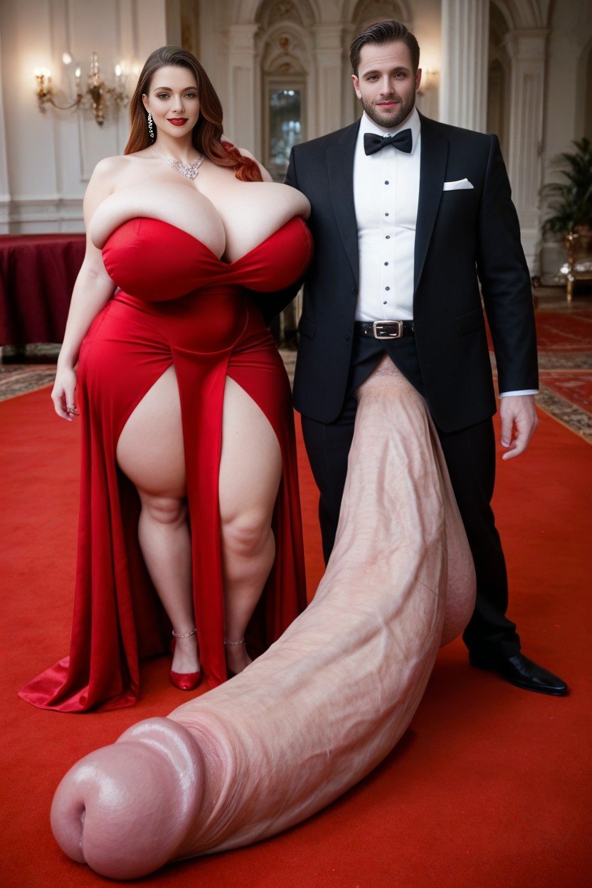 Mans Hyper Gigantic Massive Hyper Girthy Oversized Cock Literally Touching The Floor, Massive Breast, Man In Elegant Tuxedo Shemale AI Porn