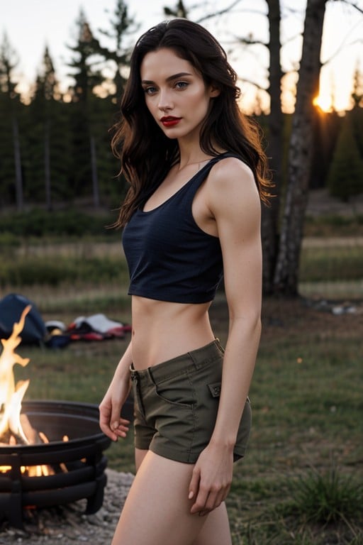 Black Tank Top, Messy Hair Covering Face, Vista FrontalHentai IA