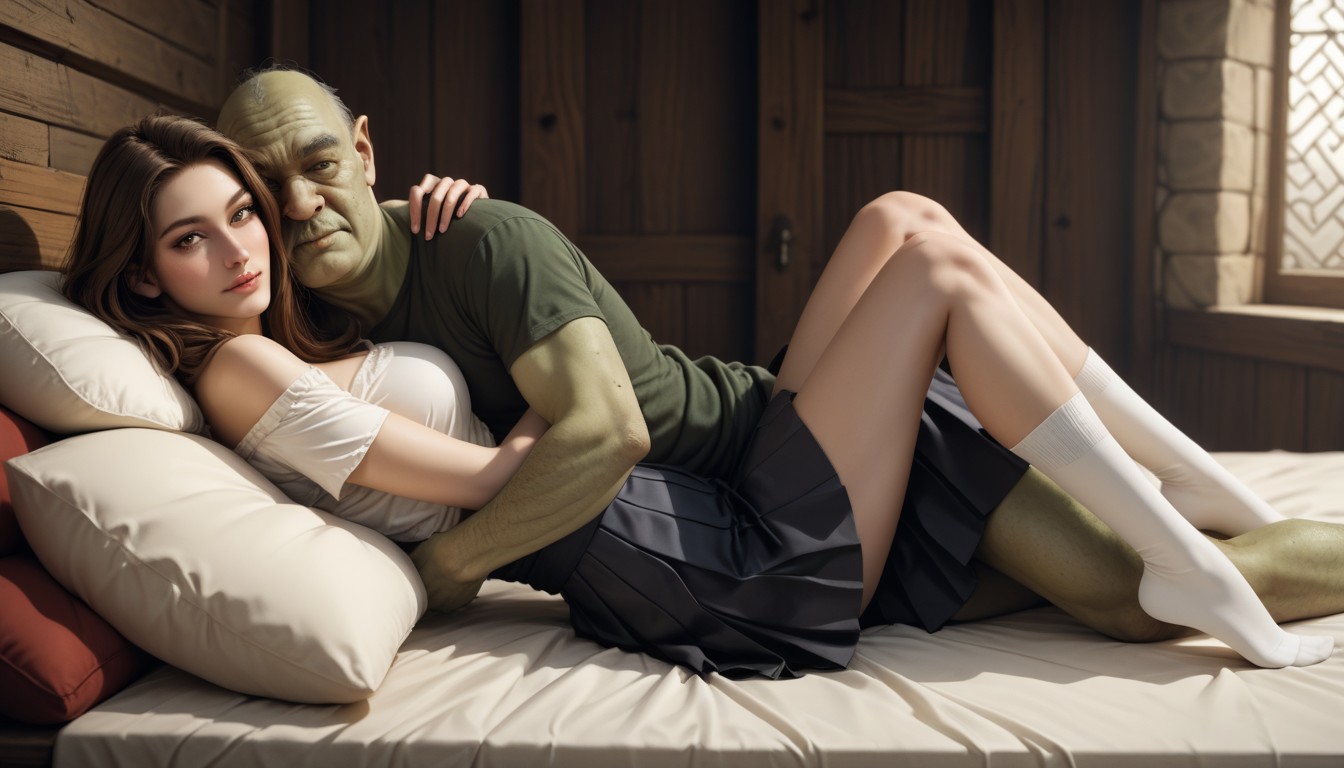 Arm Hugging Head, Green Ugly Goblin Leaning On Her, Brown HairニューハーフAIポルノ