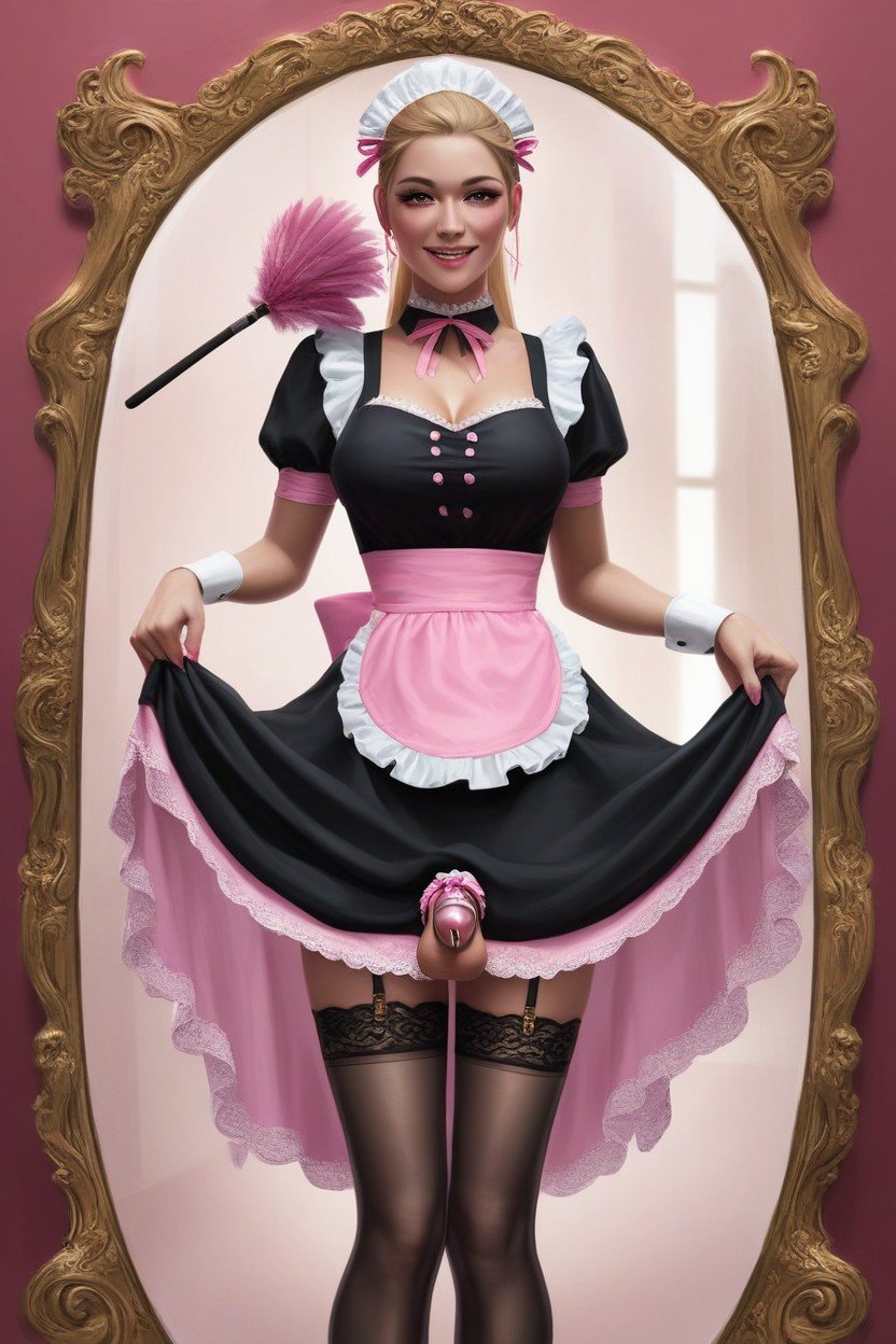 Black And Pink Maid Costume, Room With Wood Paneling, Standing쉬메일 AI 포르노