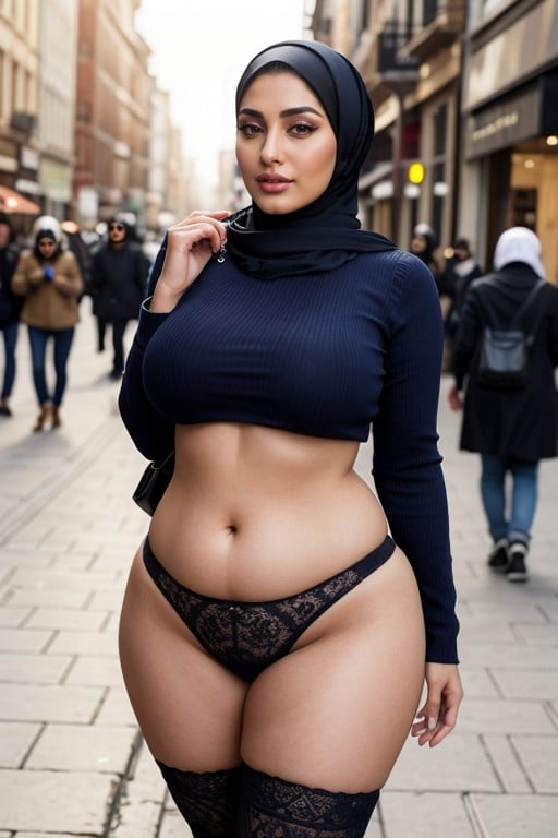 セーター, Beautiful Persian Woman Wearing Hijab With Curvy Body Large Hips And Large Breasts In A Crowded Street, フルボディニューハーフAIポルノ