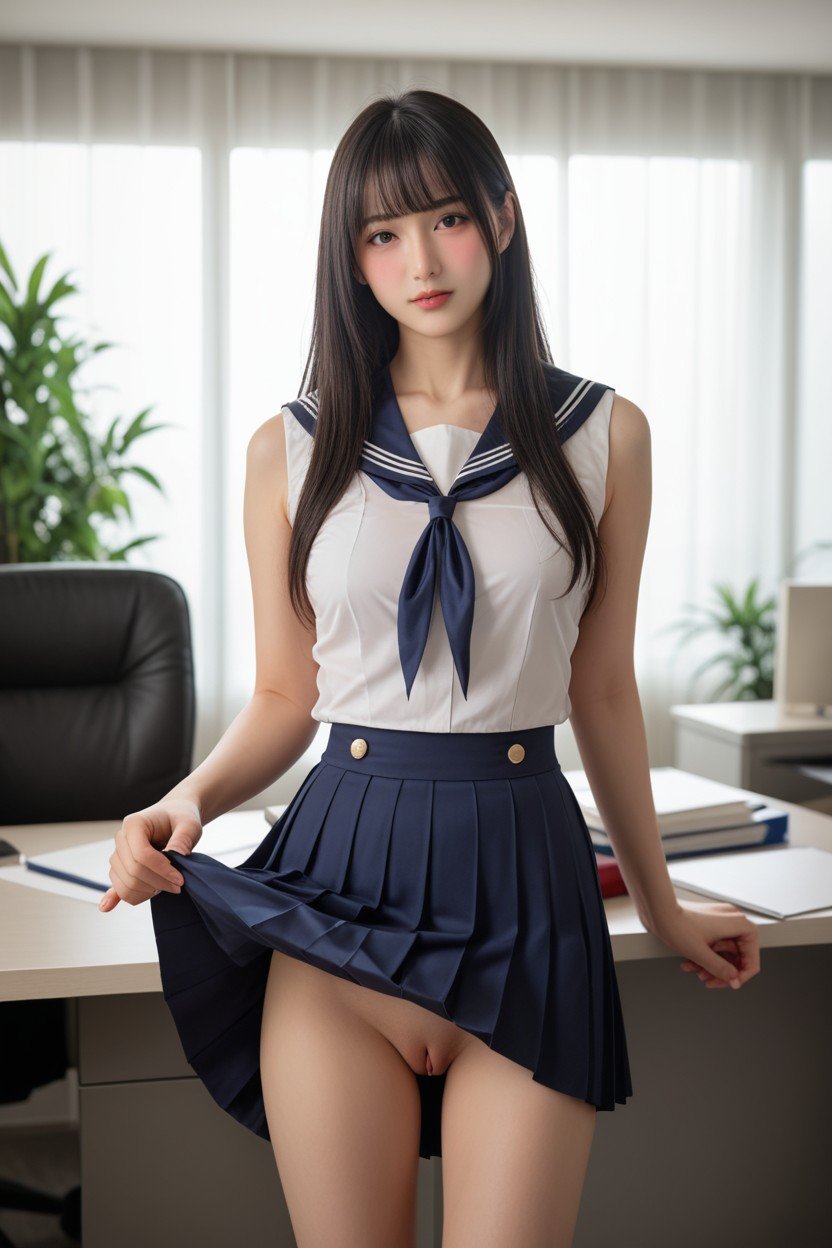 Pleated Navy Blue Skirt, Shaved Pussy, Looking At ViewerアジアのAIポルノ