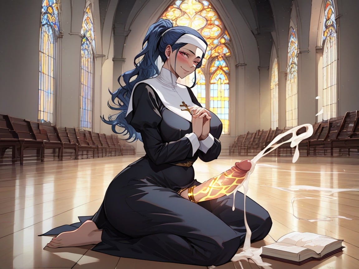 Praying Pose, Flowing Dark Blue Hair, Futanari Pornografia peluda com IA