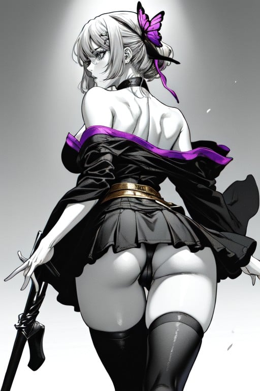 Dark Blue Off Shoulder Kimono Style Top, Ayane Doa, Thigh High Purple Stockings Hentai IA pornografia