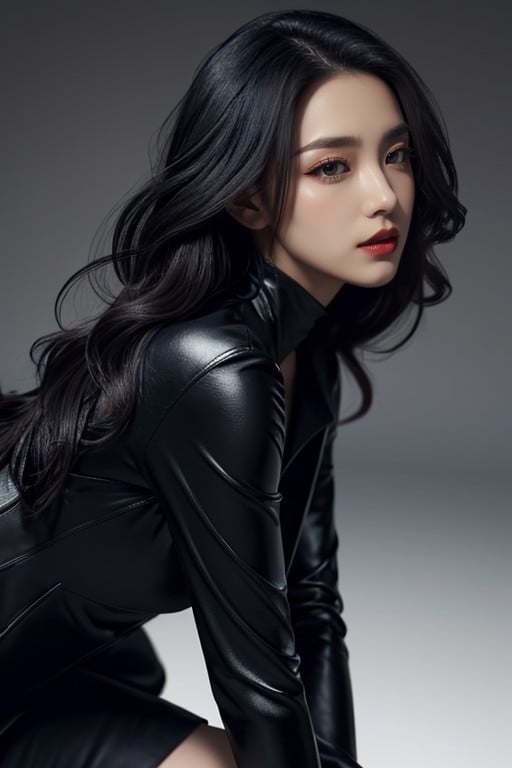 With High Cheekbones, Silky Black Hair Cascades In Voluminous Waves, With Deep Brown Or Black Irises Reflecting Dim Neon Lights Her Facial Structure Is DefinedアジアのAIポルノ