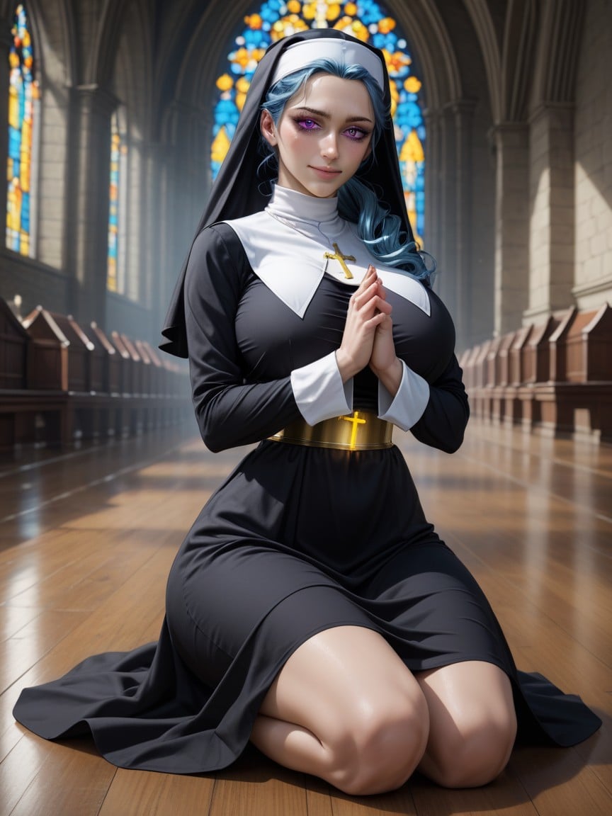 Praying Pose, Flowing Dark Blue Hair, Nun OutfitPorno IA Hentai