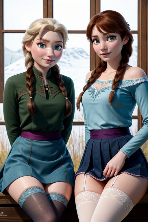 18+, Elsa And Anna From Frozen Heart, Both Are Sitting In SkirtsHentai IA