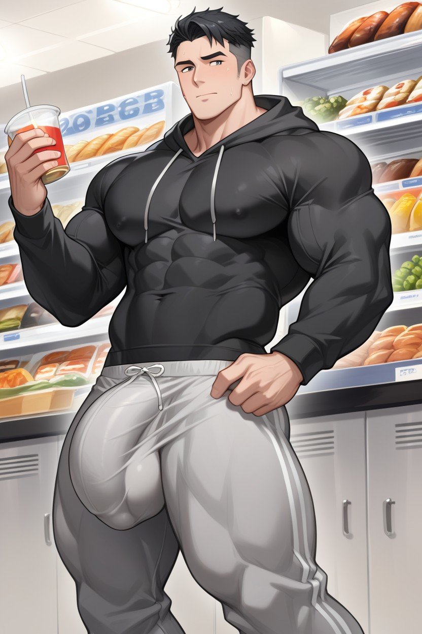 18+, Muscle, ’ White American Hunk Standing In A Grocery Store Isle Wearing A Black Hoodie And Grey Sweatpants With Cock Bulging Down The Left LegPorno gay IA